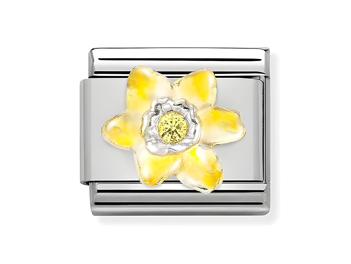 Edelstahl Charm von Nomination in Classic Silber, verziert mit einer gelben Kornblume und einem gelben Stein in der Mitte, stilvolles und farbenfrohes Design.