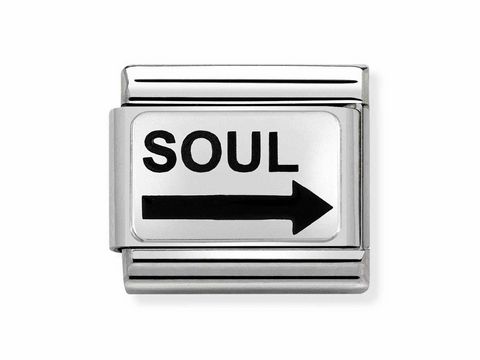 333020822-0 Edelstahl Plättchen mit der Aufschrift SOUL und einem schwarzen Pfeil nach rechts, passend für Nomination Composable Armbänder, elegante und moderne Gestaltung.