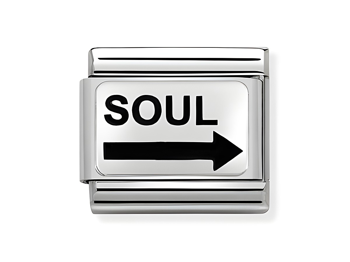 Edelstahl Plättchen mit der Aufschrift SOUL und einem schwarzen Pfeil nach rechts, passend für Nomination Composable Armbänder, elegante und moderne Gestaltung.