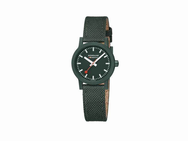 Mondaine essence MS1.32160.LF Armbanduhr mit 32 mm Gehäuse, schwarzem Ziffernblatt, rotem Sekundenzeiger und schwarzem Armband aus Textil. Modernes Design für jeden Anlass.