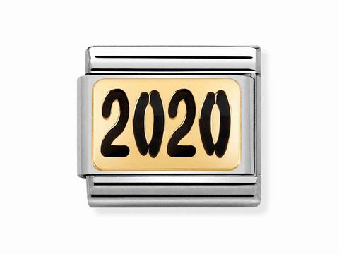 Edelstahl Charm mit schwarzer Emaille und 18Kt Gold, zeigt die Jahreszahl 2020, Hersteller Nomination, klassisches Design für individuellen Schmuck.