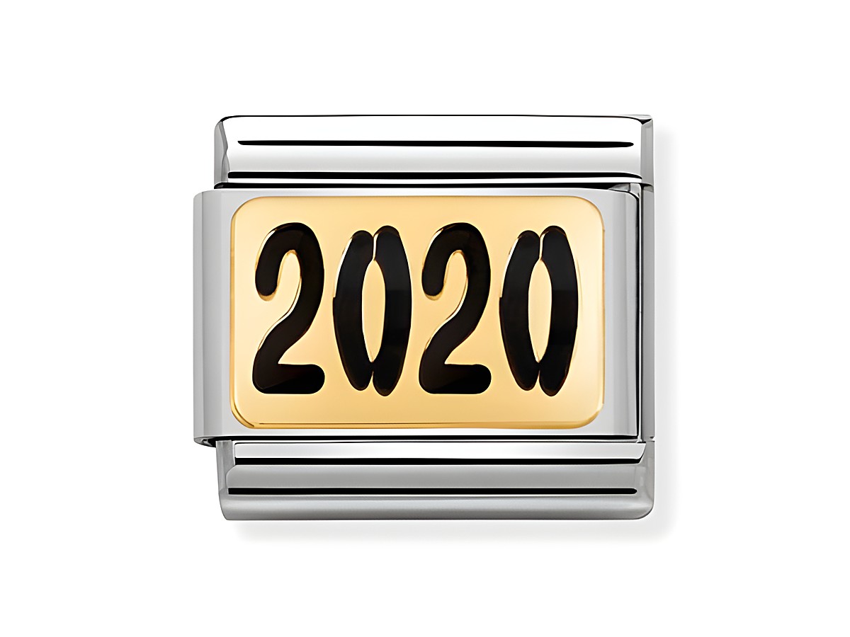 Edelstahl Charm mit schwarzer Emaille und 18Kt Gold, zeigt die Jahreszahl 2020, Hersteller Nomination, klassisches Design für individuellen Schmuck.