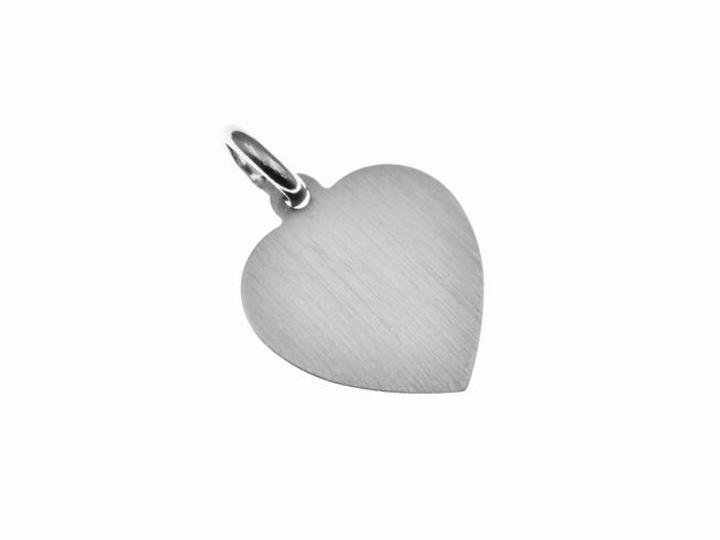Gravurplatte Herz Anhänger aus Sterling Silber rhodiniert mattiert, 1,2 cm groß, schlichtes Design, geeignet für persönliche Gravuren, Hersteller Juwelier Harnisch.