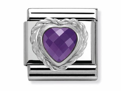 Facettiertes Herz aus lila Silvershine Stein in Sterling Silber von Nomination, Modell Classic, stilvolles und elegantes Schmuckstück für individuelle Armbänder.