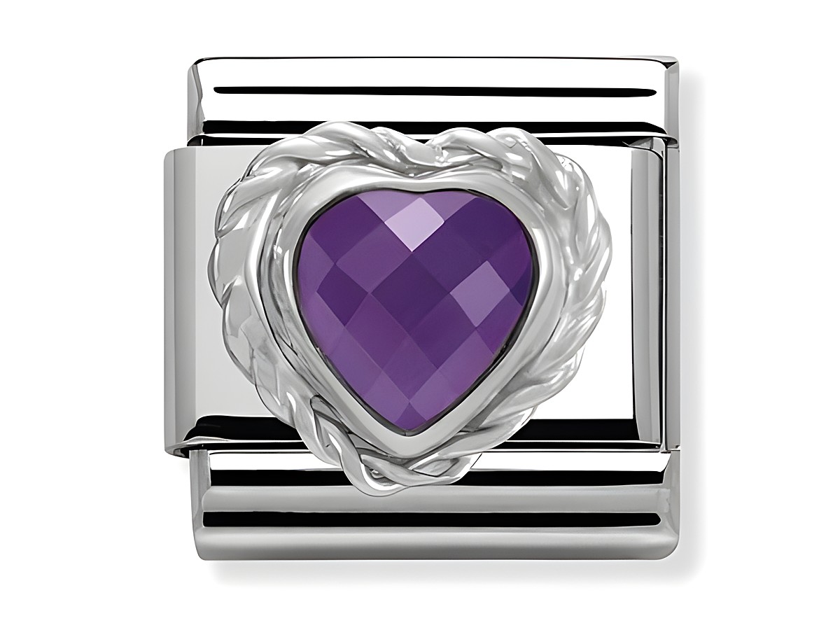 Facettiertes Herz aus lila Silvershine Stein in Sterling Silber von Nomination, Modell Classic, stilvolles und elegantes Schmuckstück für individuelle Armbänder.