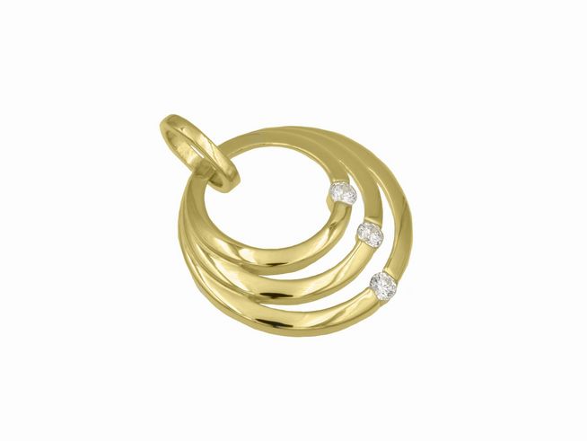 Anhänger in kreisförmigem Design aus gelbgoldvergoldetem Sterling Silber, drei ineinander verschlungene Ringe, verziert mit funkelnden Zirkonia, Hersteller Juwelier Harnisch.