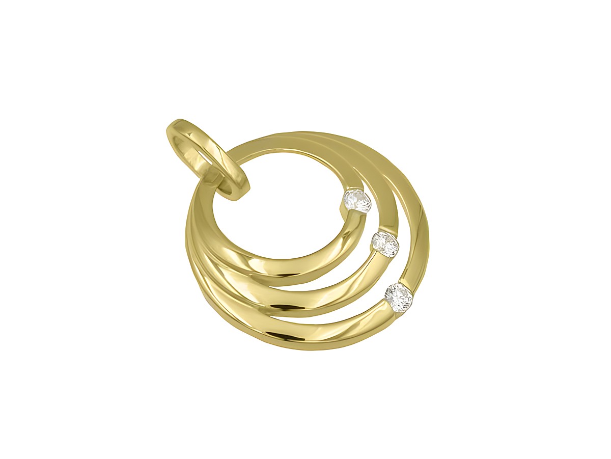 Anhänger in kreisförmigem Design aus gelbgoldvergoldetem Sterling Silber, drei ineinander verschlungene Ringe, verziert mit funkelnden Zirkonia, Hersteller Juwelier Harnisch.