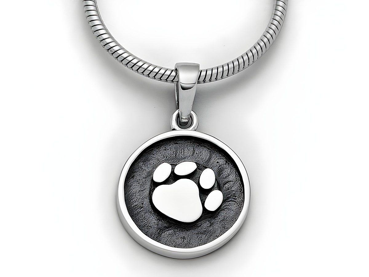 Sterling Silber Anhänger von DUR mit einem eingelassenen Hundepfotenmotiv, umrandet von einem kreisförmigen Silberrahmen, passend für eine Halskette von 22 cm.