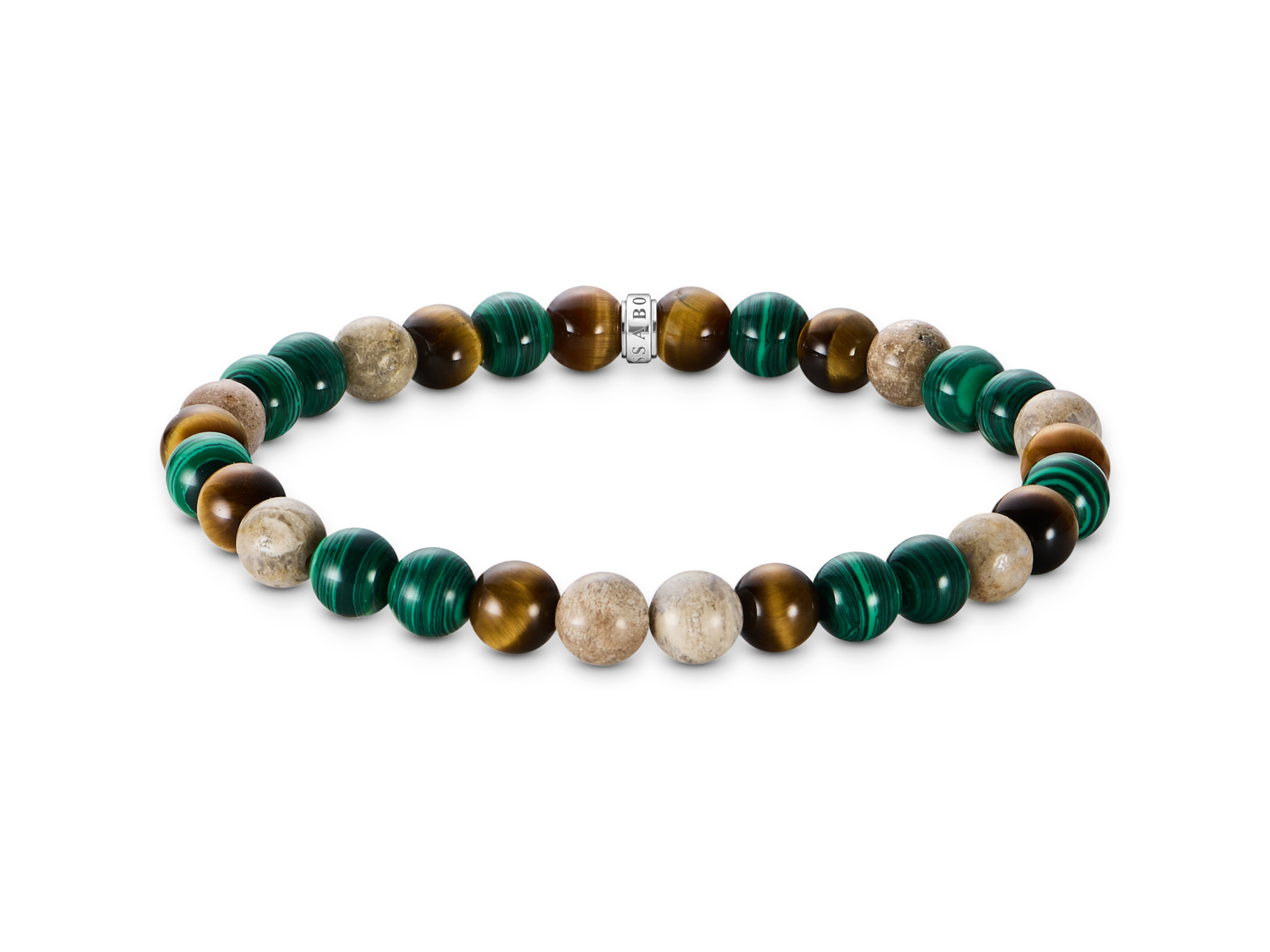 Buntes Thomas Sabo Bead Armband mit verschiedenen Steinen in Grüntönen, Braun und Erdtönen, 17 cm lang, aus der Kollektion Rebel Basics, neu und stilvoll.
