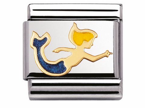 Eine emaillierte Charm mit einer Meerjungfrau in gold und blau auf silbernem Hintergrund, geeignet für die Nomination Classic BICOLOR Kollektion.