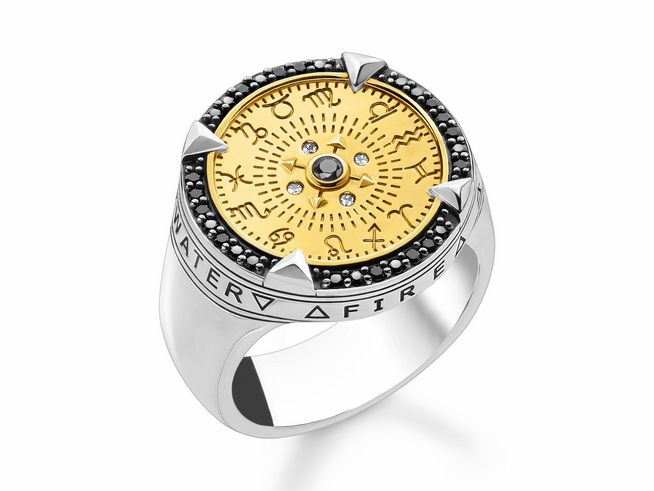 Silberner Siegelring von Thomas Sabo mit vergoldetem, mehrfarbigen Zifferblatt und Zirkonia, Größe 62, edles Design mit symbolischen Elementen und feinen Details.