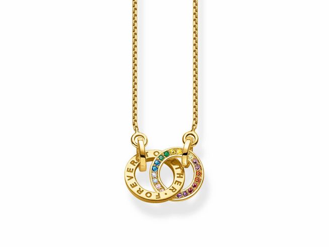 Thomas Sabo KE1488-996-7-L55V Kette aus vergoldetem Silber mit drei bunten Ringen, besetzt mit Zirkonia und Stein in verschiedenen Farben. Ideal für stilvolle Akzente.