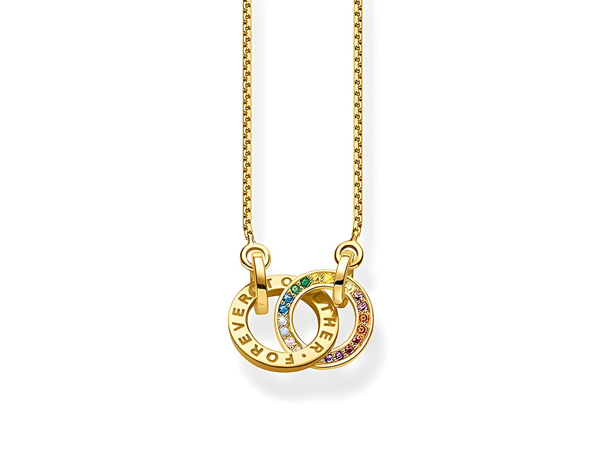 Thomas Sabo KE1488-996-7-L55V Kette aus vergoldetem Silber mit drei bunten Ringen, besetzt mit Zirkonia und Stein in verschiedenen Farben. Ideal für stilvolle Akzente.