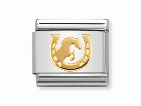 Hufeisen mit Pferd in goldener Farbe, umgeben von einem silbernen Rahmen von Nomination, Modellnummer 030149 30, geeignet für stylische Armbänder.