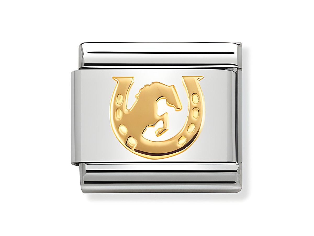 Hufeisen mit Pferd in goldener Farbe, umgeben von einem silbernen Rahmen von Nomination, Modellnummer 030149 30, geeignet für stylische Armbänder.