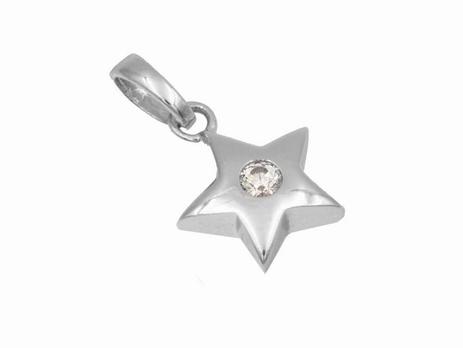 Ein Anhänger in Form eines Sterns aus 925 Sterling Silber, poliert und rhodiniert, mit einem Zirkonia, hergestellt von Juwelier Harnisch, ideal für Sonnen-, Mond- und Sternenliebhaber.