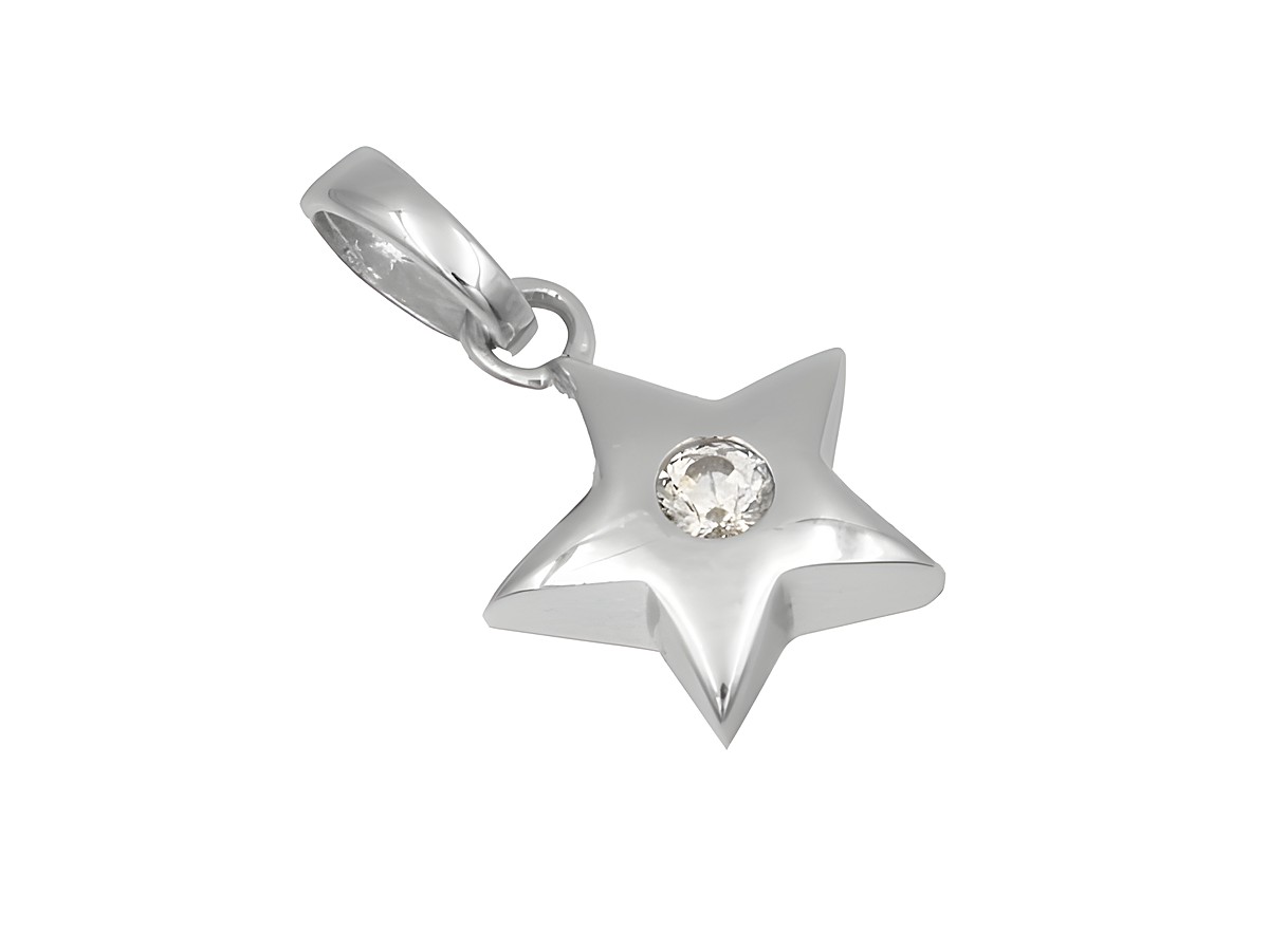 Ein Anhänger in Form eines Sterns aus 925 Sterling Silber, poliert und rhodiniert, mit einem Zirkonia, hergestellt von Juwelier Harnisch, ideal für Sonnen-, Mond- und Sternenliebhaber.