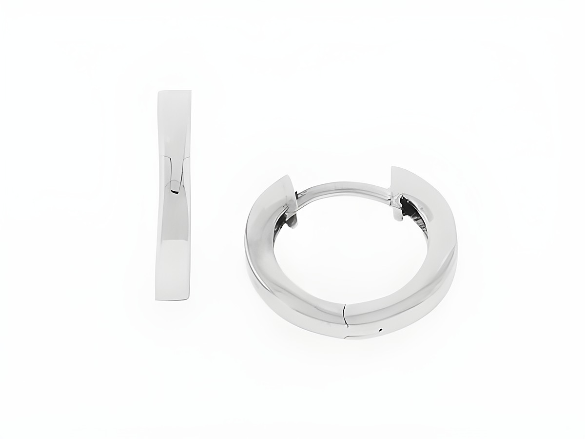 Silberne Creolen zur Mitte zulaufend, rhodiniert, klar, Größe 1,2 cm, Hersteller Juwelier Harnisch, Durchmesser bis 15 mm. Elegant und zeitlos im Design.