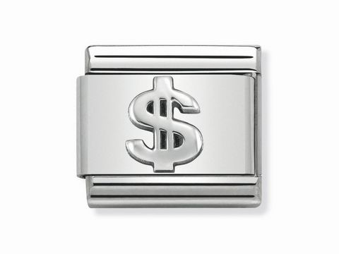433010131-0 Nomination Classic Charm aus oxidiertem Silber mit einem auffälligen Dollar-Zeichen, Hersteller SilverShine, ideal für persönliche Armbänder und modische Akzente.