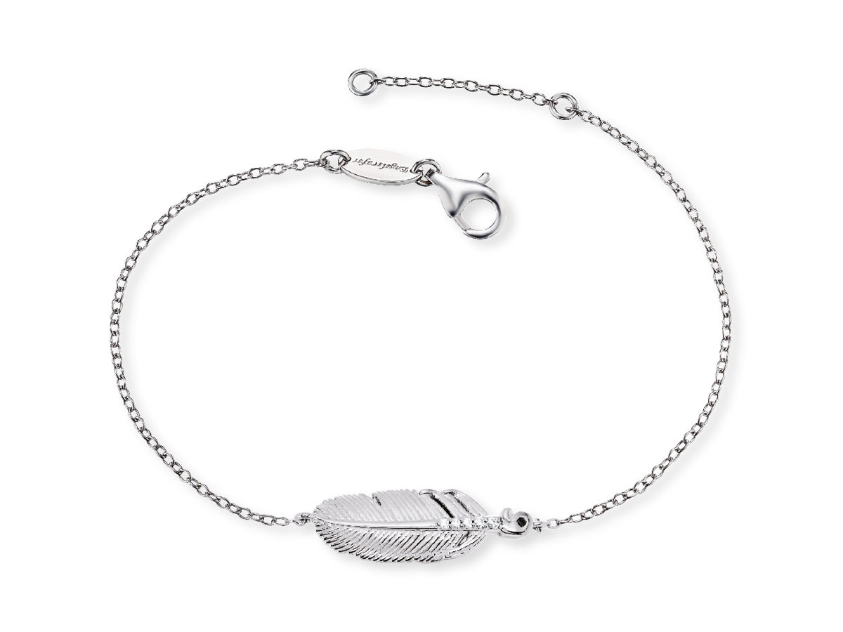 Zartes Armband aus rhodiniertem Silber mit einem filigranen Federanhänger, verziert mit Zirkonia, Länge 17 cm von Engelsrufer, elegant und stilvoll.