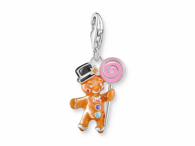 Charm-Anhänger von Thomas Sabo mit einem Lebkuchenmann aus Silber mit Emaille und Zirkonia, mehrfarbig, trägt einen schwarzen Zylinder und hält einen pinken Lutscher.