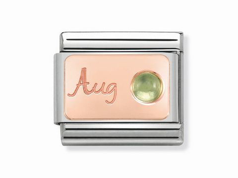 Monatsstein Rosé mit eingravierter Schrift „Aug“ und einem grünen Peridot. Der Schmuck ist aus Edelstahl und für das Schmuckstück von Nomination geeignet.