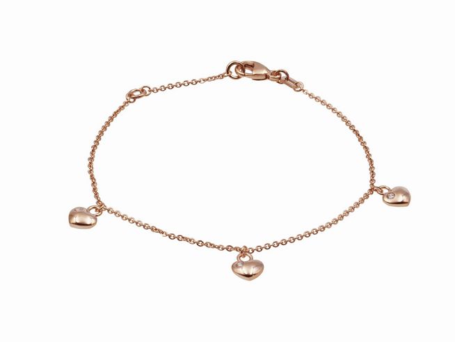 Armband in Herzreihe aus Silber mit Roségoldvergoldung, zarte Kette mit Zirkonia-Elementen, erhältlich in 14,5 cm und 17 cm, Hersteller Juwelier Harnisch.