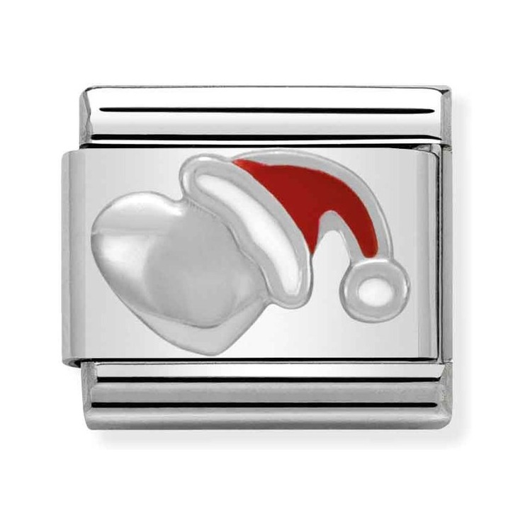Nomination Composable Classic Charm Herz mit Weihnachtsmütze - Edelstahl, Silber 925, Emaille