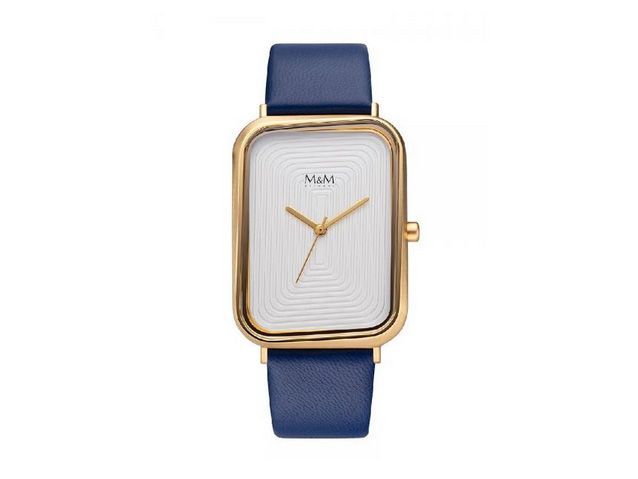 M&M Damenuhr M11947-927 im Dancing Square Design mit einem goldfarbenen Gehäuse und weißem Zifferblatt, ausgestattet mit einem blauen Lederarmband. Schicke und moderne Uhr für Damen.