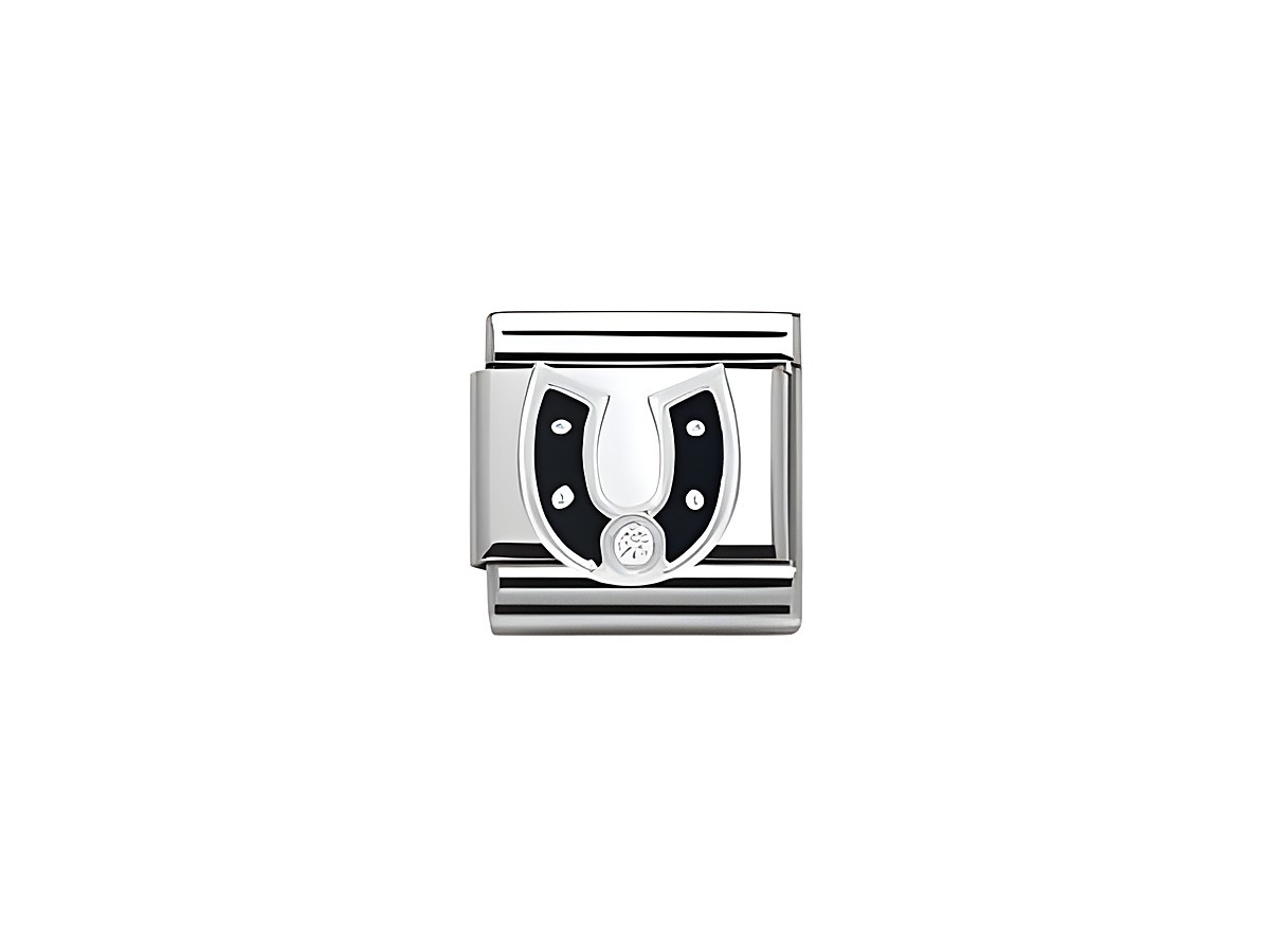 Ein silbernes Hufeisen mit schwarzer Lackierung und Zirkonia-Akzenten, eingefasst in ein elegantes Design. Ideal für Schmuckliebhaber und als stilvolles Accessoire.