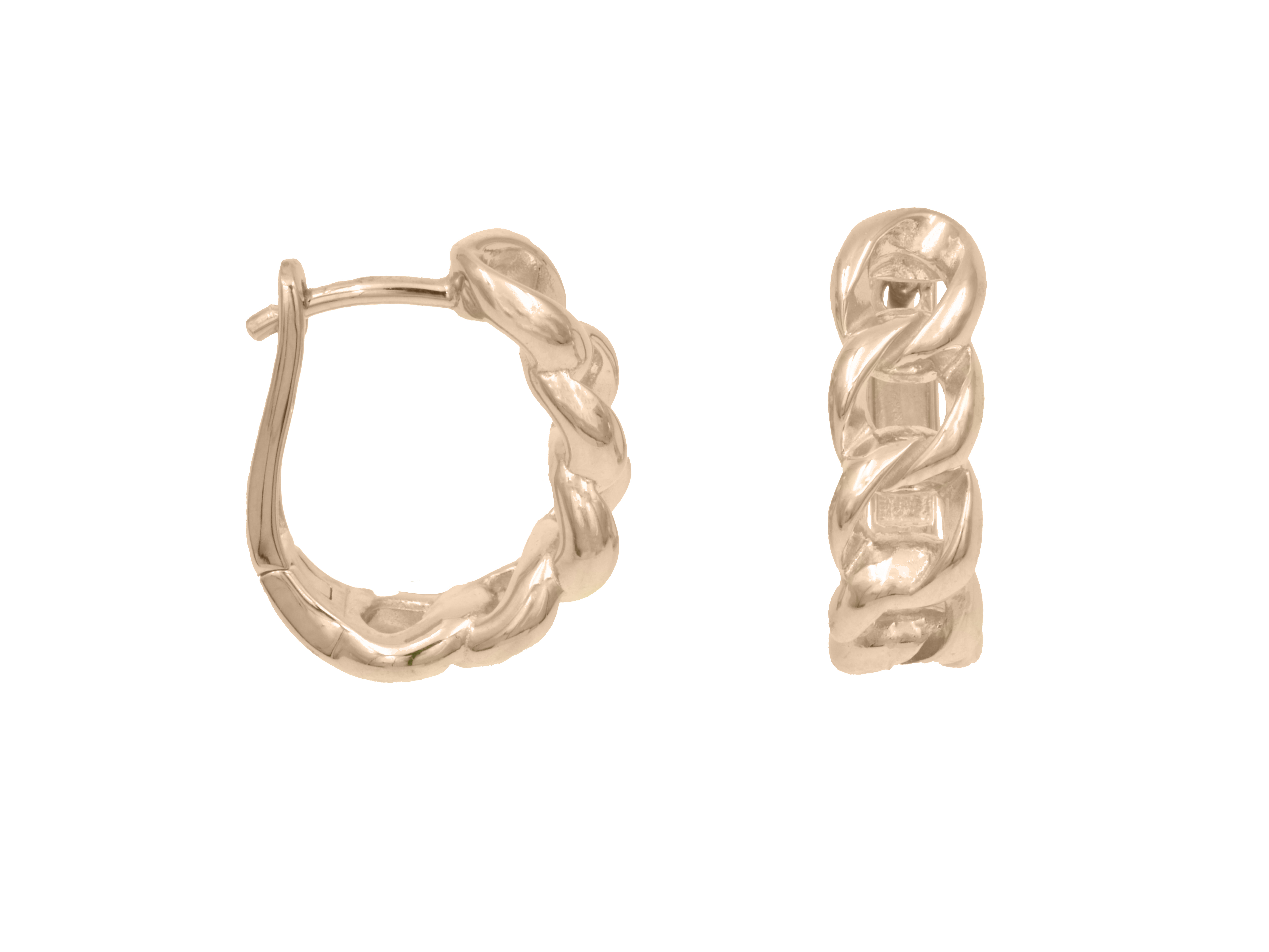 Ohrringe im Panzermuster aus Sterling Silber mit Roségold Vergoldung, 16 mm große Creolen, Hersteller Juwelier Harnisch, ideale Neuheit in Silber für modische Akzente.