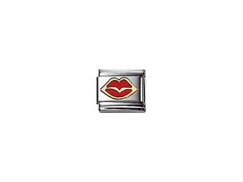 Emaillierter Mund in Rot von Nomination Classic FUN, dargestellt mit einem kräftigen roten Lippen-Motiv auf einem silberfarbenen Hintergrund, geeignet für Armbänder.
