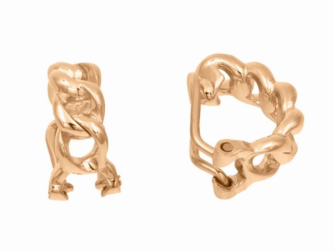 Ohrclips in Panzerketten-Design aus vergoldetem Roségold, poliert, gefertigt von Juwelier Harnisch, ideal für elegante Akzente.