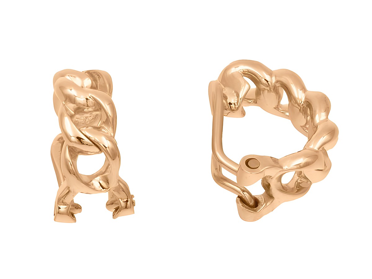 Ohrclips in Panzerketten-Design aus vergoldetem Roségold, poliert, gefertigt von Juwelier Harnisch, ideal für elegante Akzente.