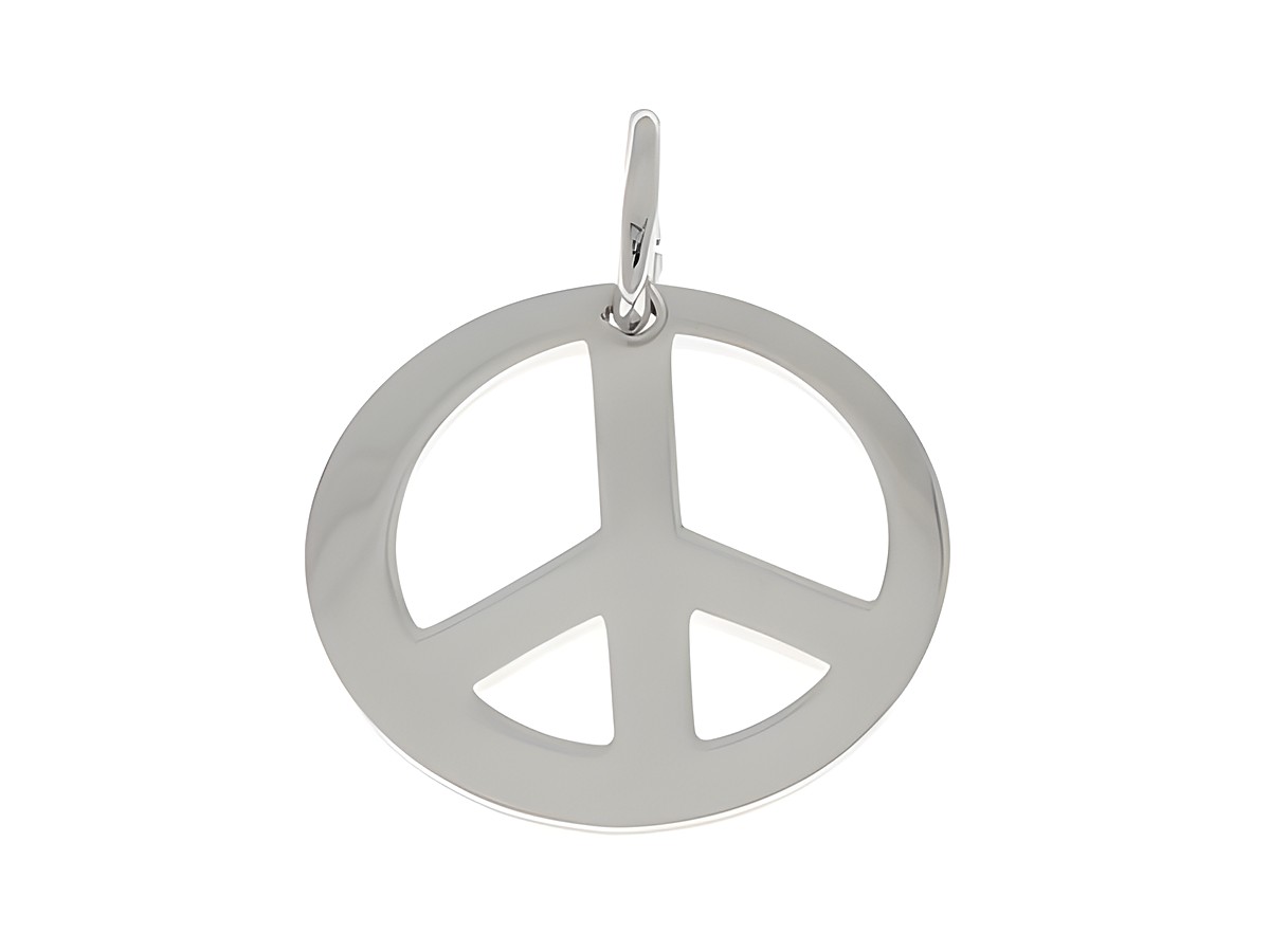 Silber rhodinierter Anhänger mit Peace Zeichen, elegant und schlicht gestaltet, symbolisiert Frieden und Harmonie, hergestellt von Juwelier Harnisch.