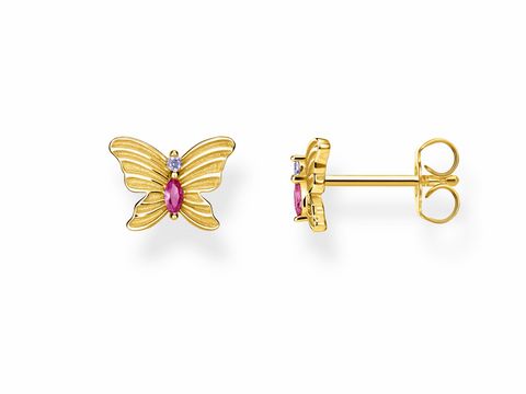 Thomas Sabo Ohrstecker H2100-995-7 in Form eines Schmetterlings aus Silber und Gelbgold mit mehrfarbigen Steinen, elegant und verspielt, ideal für jeden Anlass.