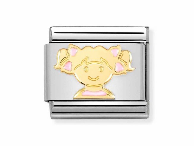 Edelstahl Charm mit einem lächelnden Mädchen in Rosa und Gold 750, ideal für eine verspielte Schmuckkollektion, Hersteller Nomination, emailliert und klassisch im Design.