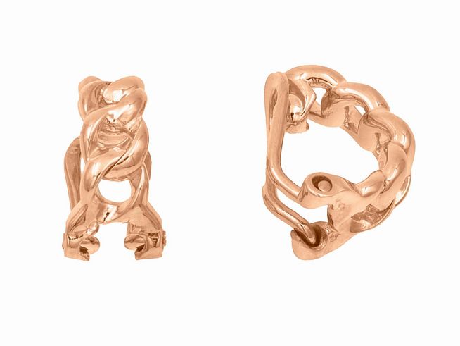Ohrclips in Panzerketten-Design aus vergoldetem Roségold, poliert, gefertigt von Juwelier Harnisch, elegante Schmuckstücke für einen stilvollen Look.