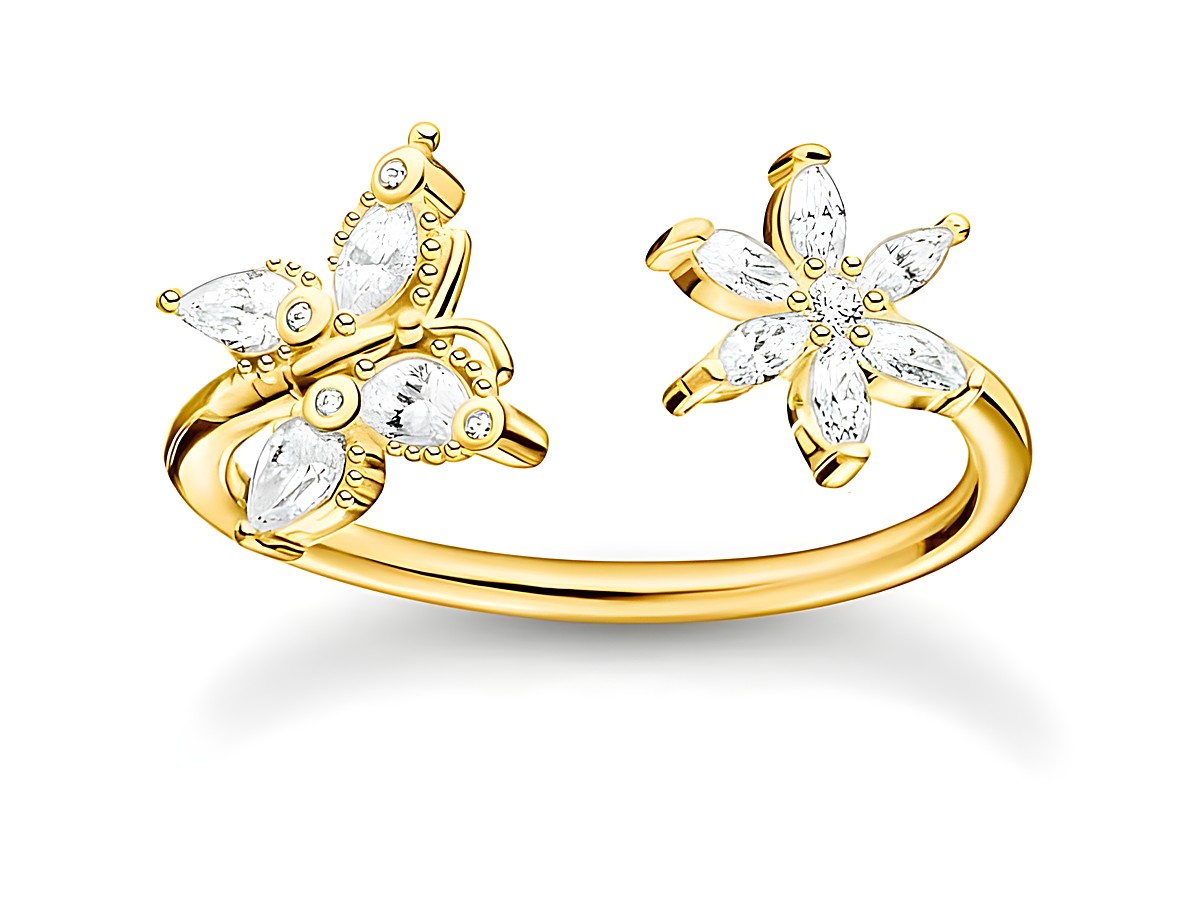 Thomas Sabo Charming Schmetterling Ring aus Sterling Silber mit vergoldeter Oberfläche und weißen Zirkonia in Gr. 48, präsentiert zwei filigrane Schmetterlingsdesigns.