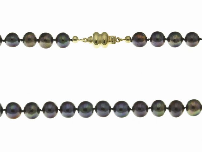 Perlenkette 47 cm in Aubergine, aus Süßwasser Zuchtperlen, hergestellt von Juwelier Harnisch, mit bunten Perlen und einem goldfarbenen Verschluss.