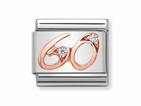 Zahl 60 in Rosé mit zwei Zirkonia-Steinen auf einem silbernen Armbandsegment von Nomination, geeignet für persönliche Schmuckgestaltungen.