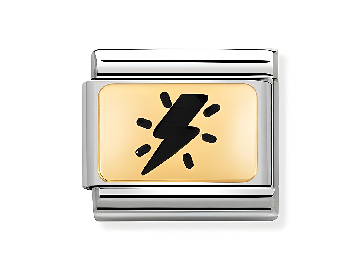 Edelstahl Charm mit schwarzem Blitzmotiv auf goldfarbener Emaille, Teil der Composable Classic Cosmo Edition von Nomination, emailliert und mit 18Kt Gold.