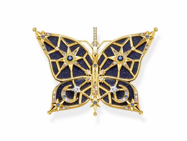 Thomas Sabo Schmetterling Anhänger PE925-963-7 aus vergoldetem Sterling Silber mit Glas-Keramik und filigranem Design, verziert mit funkelnden Steinen und einem eleganten Look.