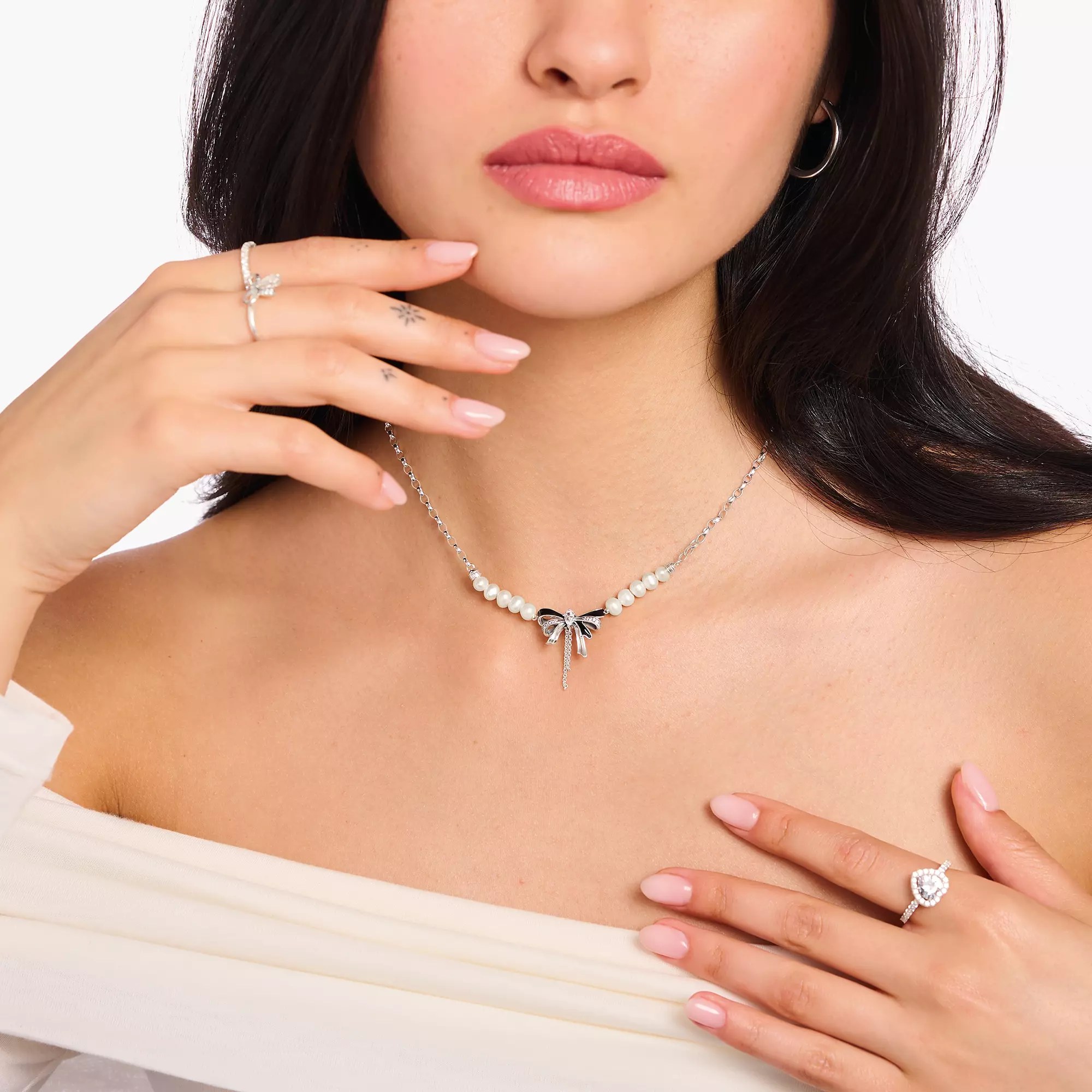 Thomas Sabo Schleife True Romance Kette - Schwarz - Silber + Süßwasserzuchtperle + Zirkonia - 40-45 cm – Ansicht 3