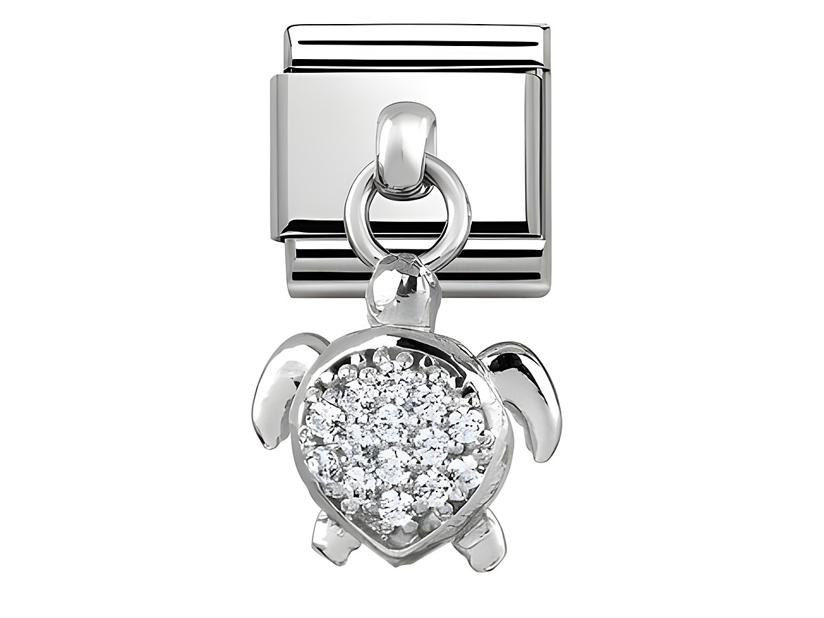 Charms von Nomination mit einer Wasserschildkröte aus Silber und Zirkonia, glänzende Oberfläche und detaillierte Gestaltung, ideal für eine individuelle Schmuckkollektion.