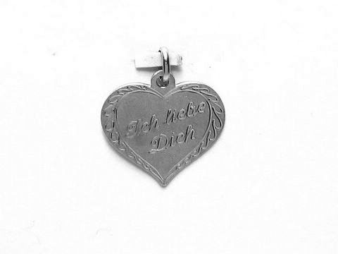 Gravurplatte ICH LIEBE DICH in Herzform aus Sterling Silber, mit filigranen Verzierungen, hergestellt von Juwelier Harnisch, perfekt als liebevolles Geschenk.