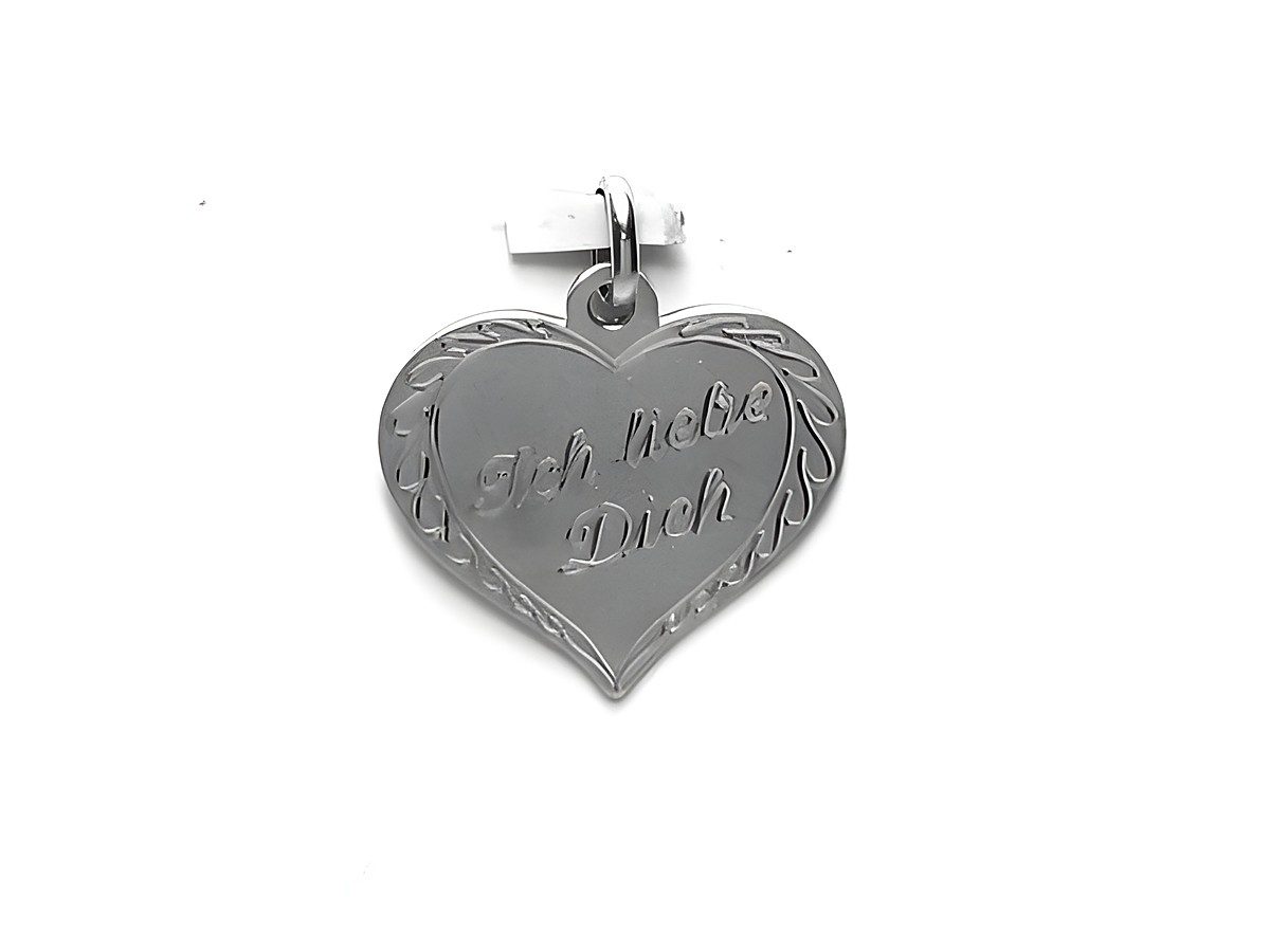 Gravurplatte ICH LIEBE DICH in Herzform aus Sterling Silber, mit filigranen Verzierungen, hergestellt von Juwelier Harnisch, perfekt als liebevolles Geschenk.