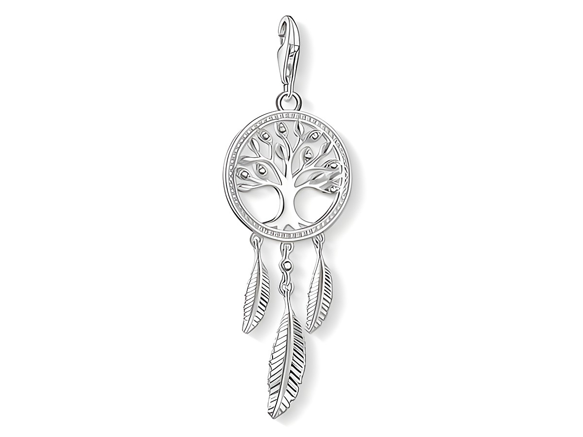 Silberner Charm-Anhänger von Thomas Sabo mit Lebensbaum-Motiv und destacierten Federn, symbolisiert Wachstum und Verbundenheit. Ideal als modisches Accessoire.