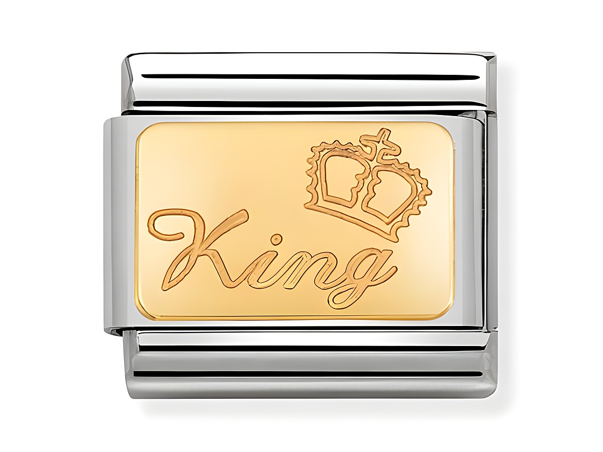 König Charm von Nomination, Modellnummer 030121 48, aus der Composable Classic Kollektion, mit goldenen Schriftzügen und einer Krone auf dem goldfarbenen Element.