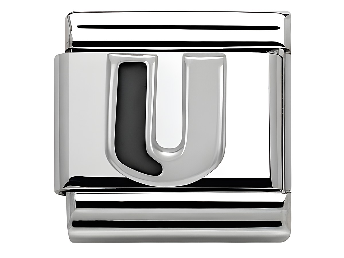 Buchstabe U aus Emaille von Nomination Classic SilverShine in glänzender Ausführung, geeignet zum Anbringen an Armbändern oder Schmuckstücken, elegantes Design.